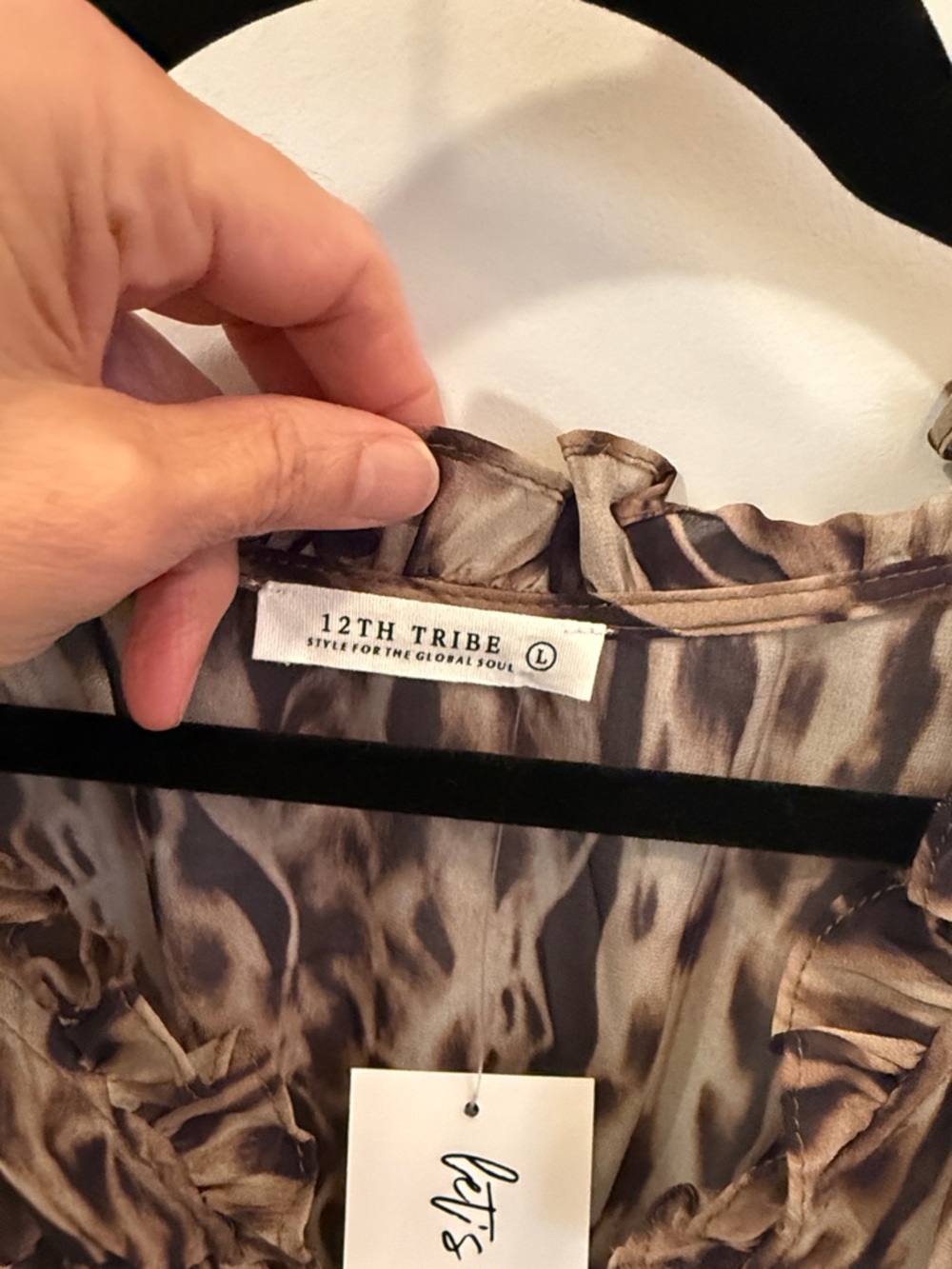 12th Tribe Leopard Print Ruffled V-Neck Blouse in Brown and Tan - Picture 10 of 16